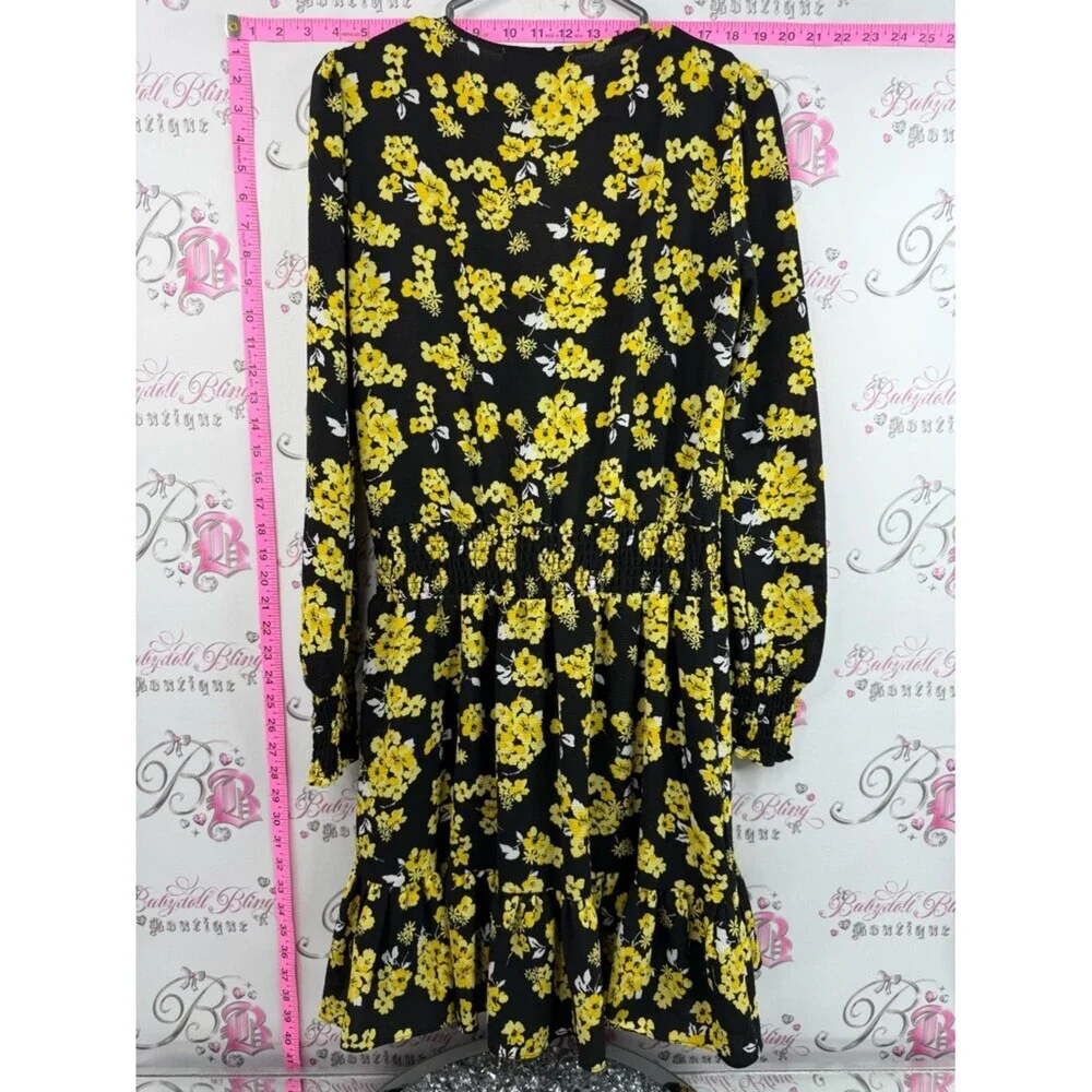 Michael Kors dress flowers V neck flowy Black Dress with Yellow Floral Print